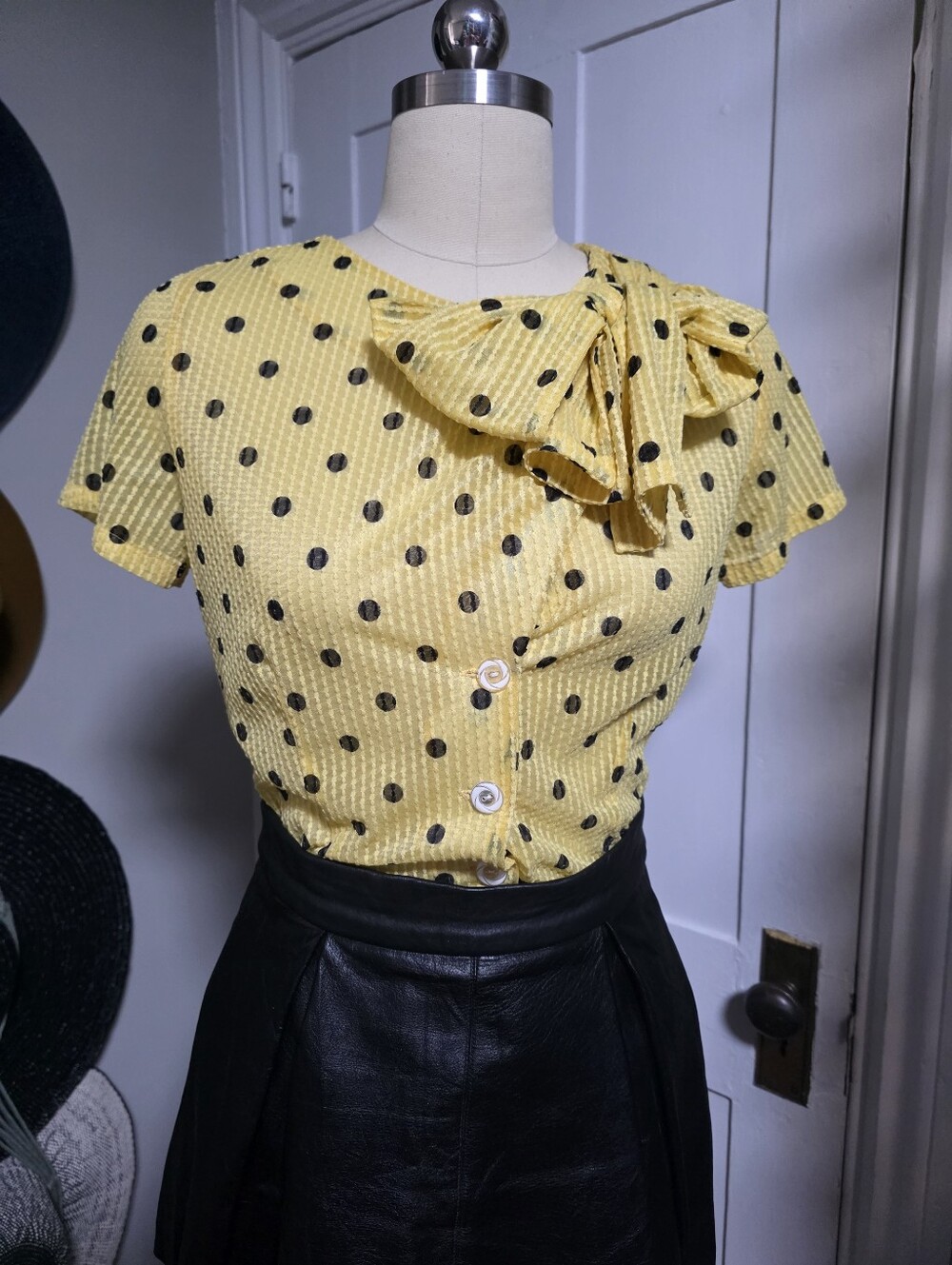 BETTIE PAGE Tatyana Sheer Yellow Black Polka Dot Retro Blouse sz M